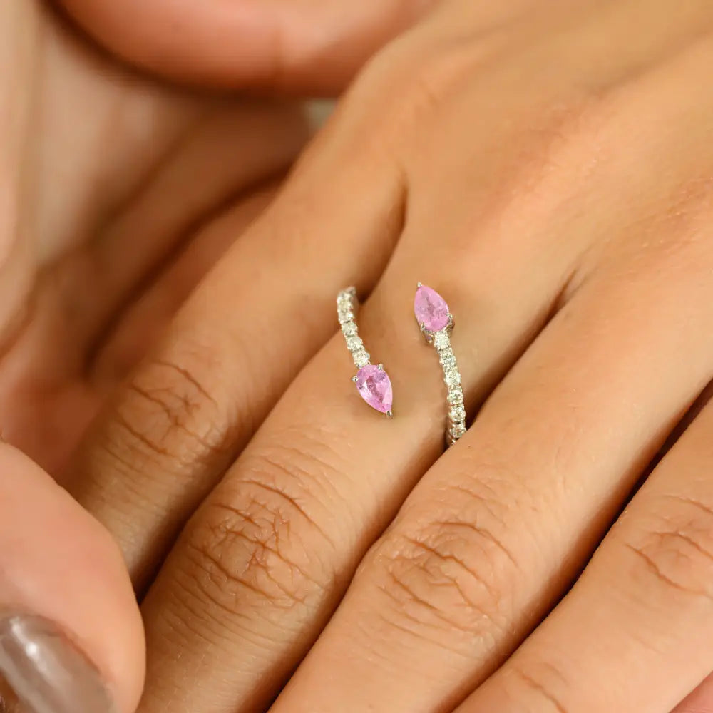 Pear Shape Pink Sapphire & Round Cut Diamond 18K White Gold Open Ring Trending Jewelry