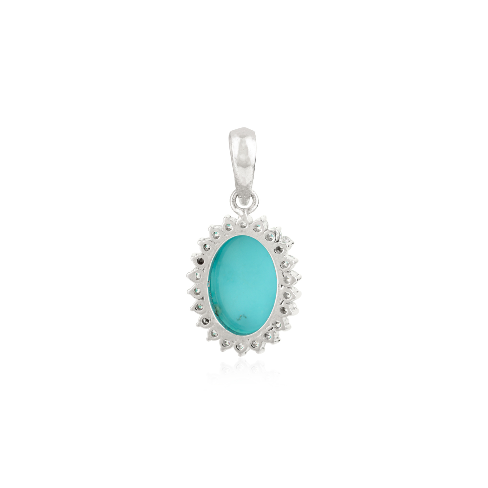 Handmade Real Turquoise & American Diamond Cluster Halo Drop Pendant For Women Fine Jewelry