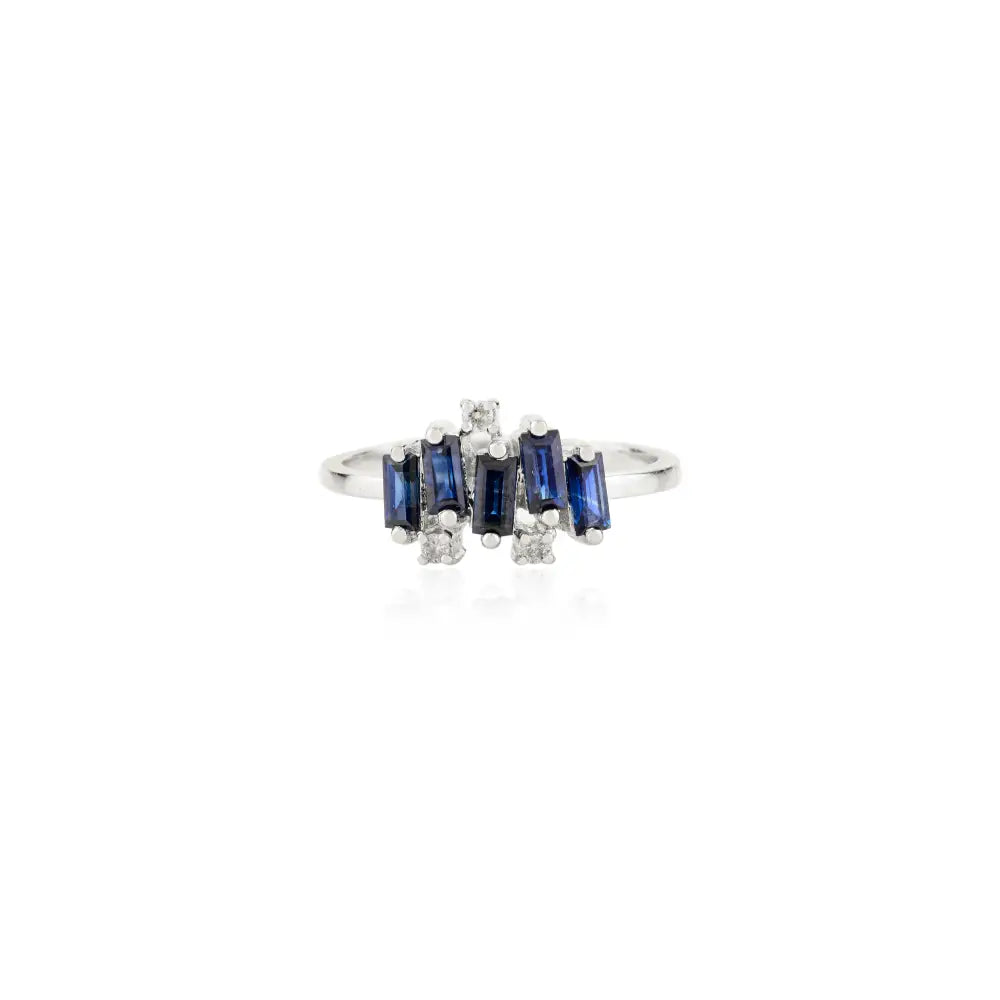 Unique Design Blue Sapphire & Diamond Real 14K White Gold Zig Zag Ring Stacked Jewelry