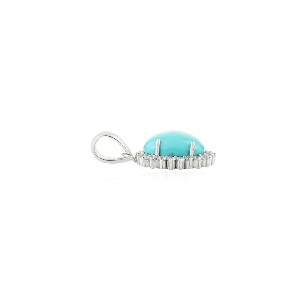 Handmade Real Turquoise & American Diamond Cluster Halo Drop Pendant For Women Fine Jewelry
