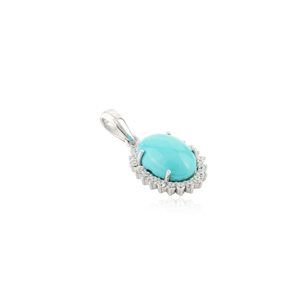 Handmade Real Turquoise & American Diamond Cluster Halo Drop Pendant For Women Fine Jewelry