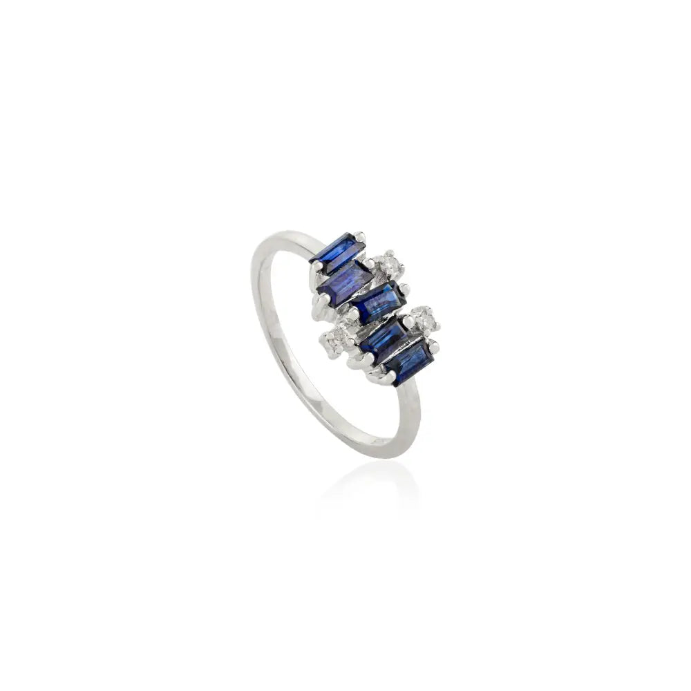 Unique Design Blue Sapphire & Diamond Real 14K White Gold Zig Zag Ring Stacked Jewelry
