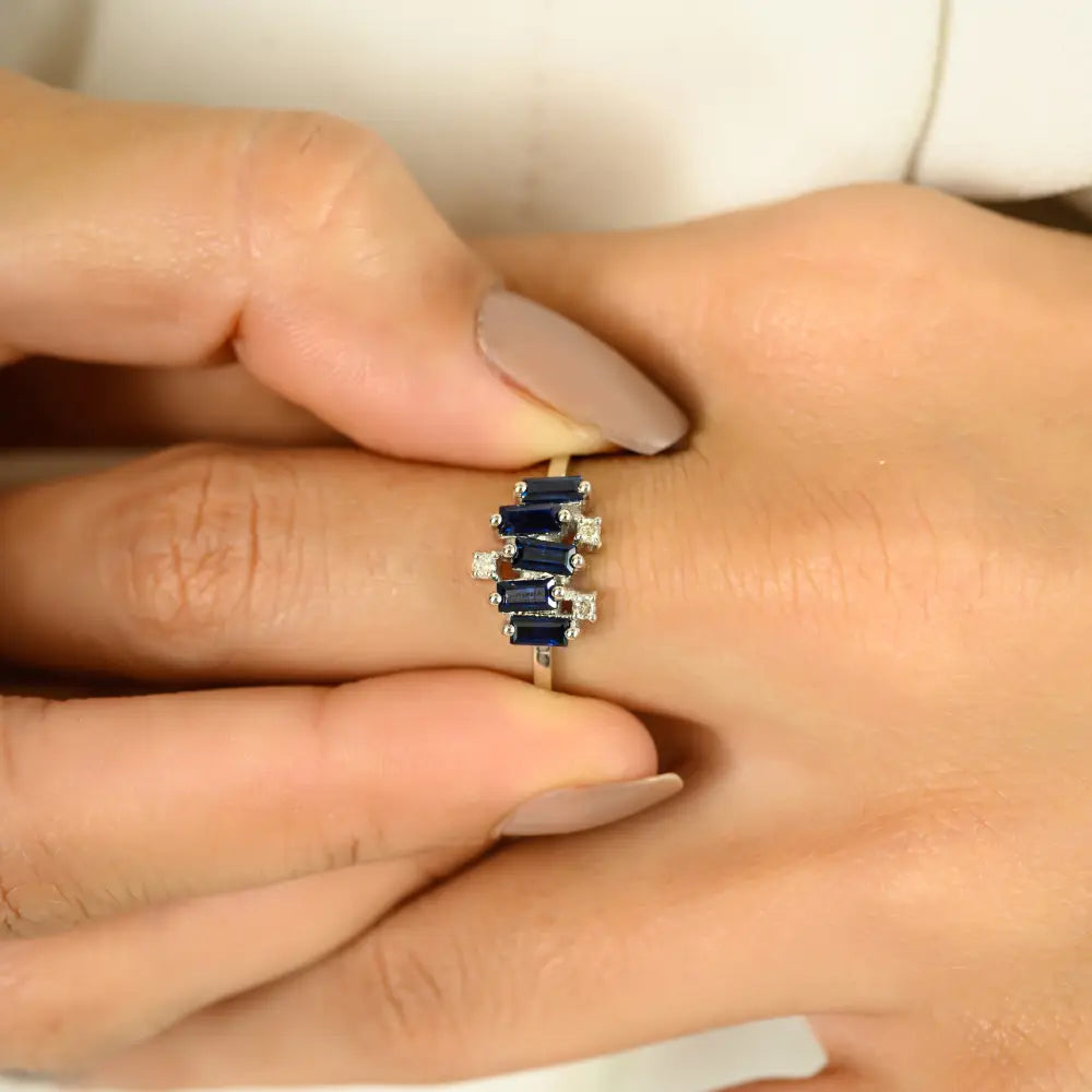 Unique Design Blue Sapphire & Diamond Real 14K White Gold Zig Zag Ring Stacked Jewelry