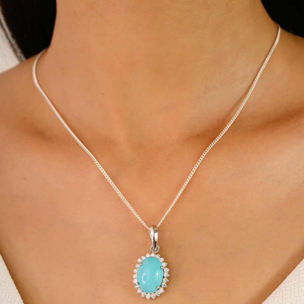 Handmade Real Turquoise & American Diamond Cluster Halo Drop Pendant For Women Fine Jewelry
