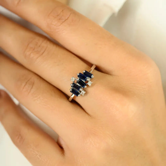 Unique Design Blue Sapphire & Diamond Real 14K White Gold Zig Zag Ring Stacked Jewelry