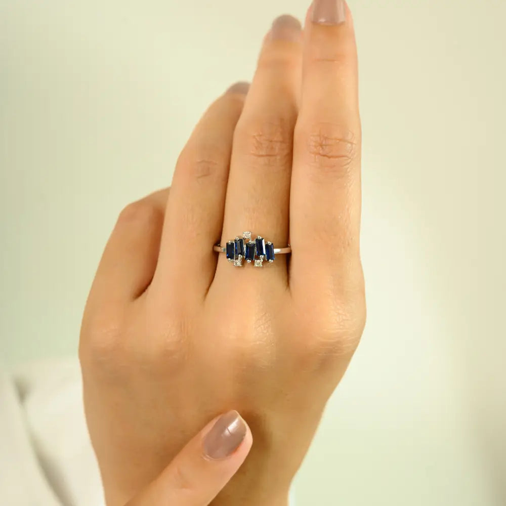 Unique Design Blue Sapphire & Diamond Real 14K White Gold Zig Zag Ring Stacked Jewelry