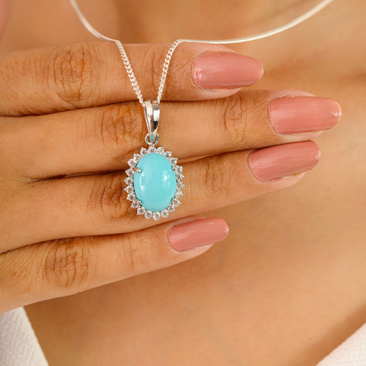 Handmade Real Turquoise & American Diamond Cluster Halo Drop Pendant For Women Fine Jewelry