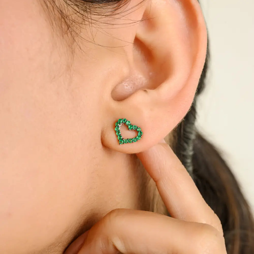 New Design Natural Emerald Open Heart Stud Earrings 14K Solid White Gold Everyday Jewelry