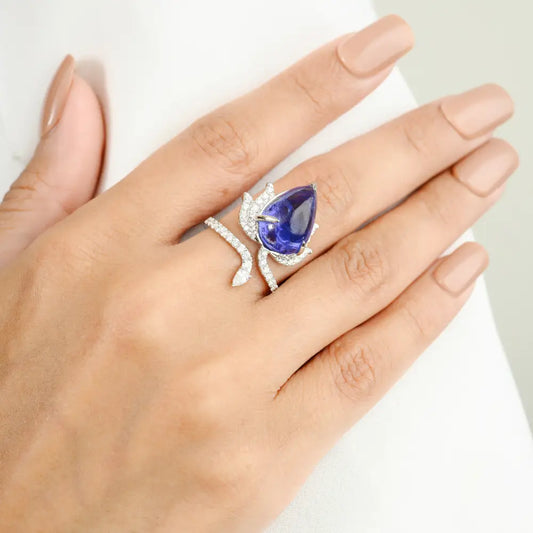 Exclusive Luxurious Tanzanite & Diamond Lotus Flower Cocktail Ring 18K White Gold