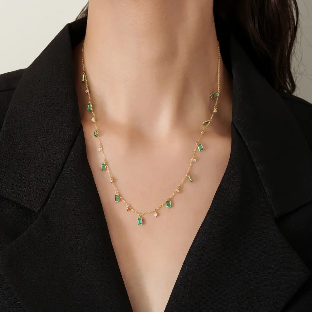 Beautiful Design 14K Pure Yellow Gold Emerald & Diamond Charm Chain Necklace For Women