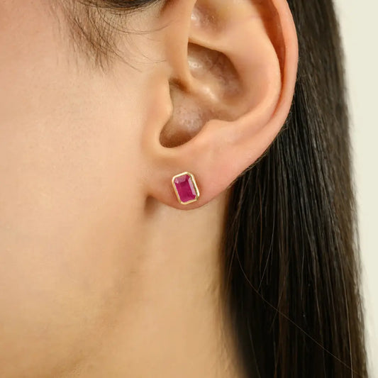 100% Genuine Ruby July Birthstone Bezel Set Solitaire Stud Earrings Gift For Women 14K Gold