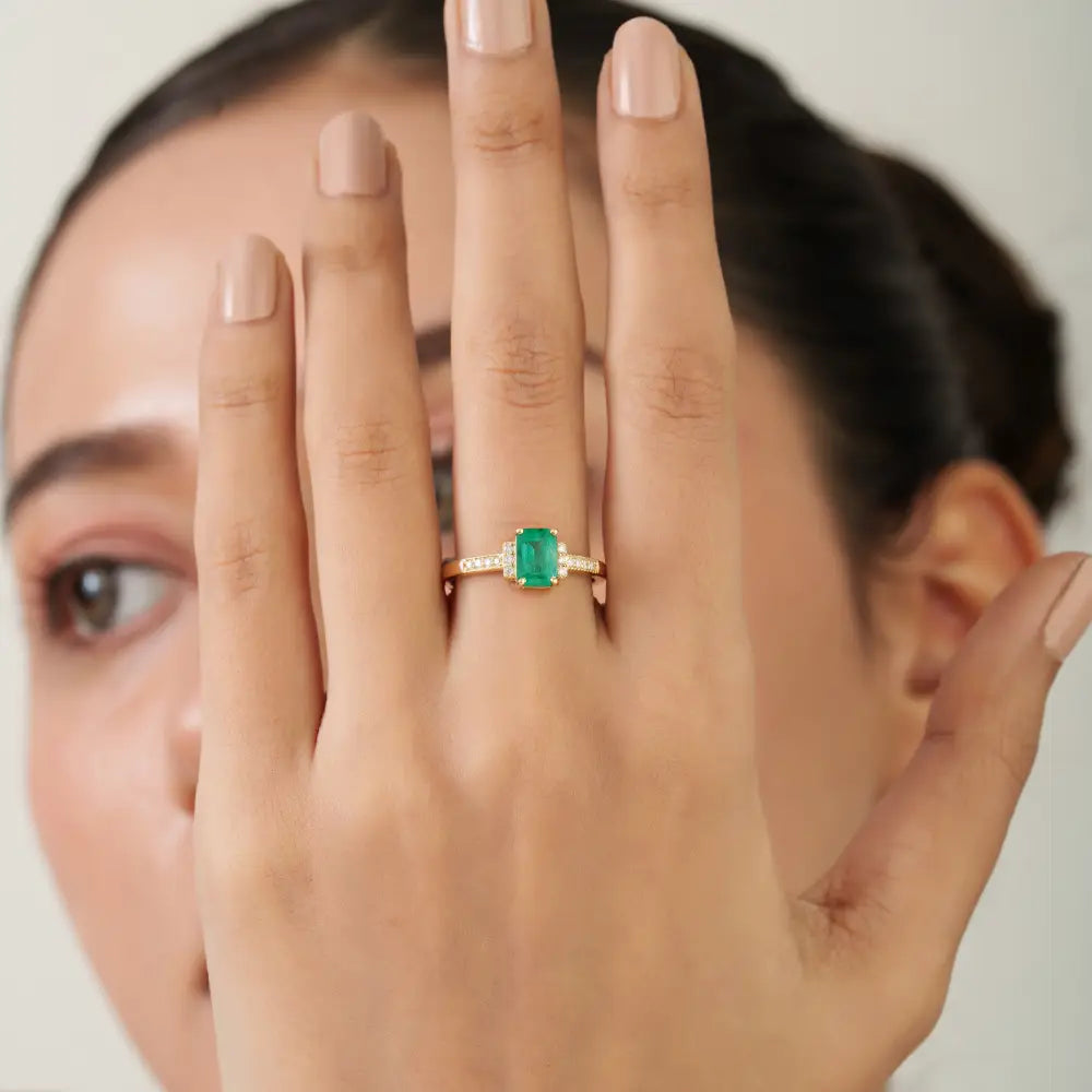 K14 Yellow Gold Handcrafted Emerald & Diamond Engagement Ring New Arrivals Jewelry