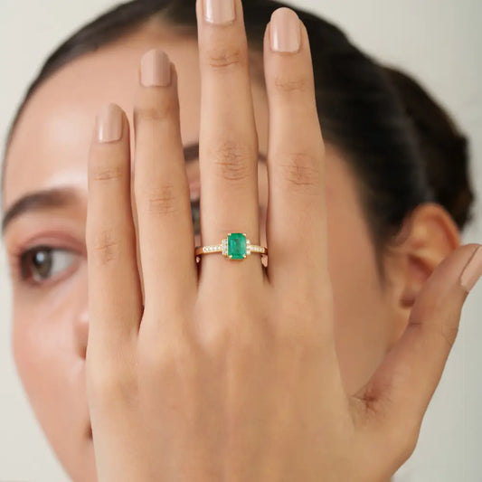 K14 Yellow Gold Handcrafted Emerald & Diamond Engagement Ring New Arrivals Jewelry