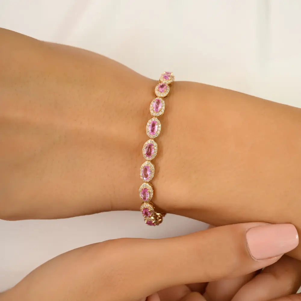 Pink Sapphire & Diamond Box Lock Halo Tennis Bracelet K14 Solid Yellow Gold New Jewelry