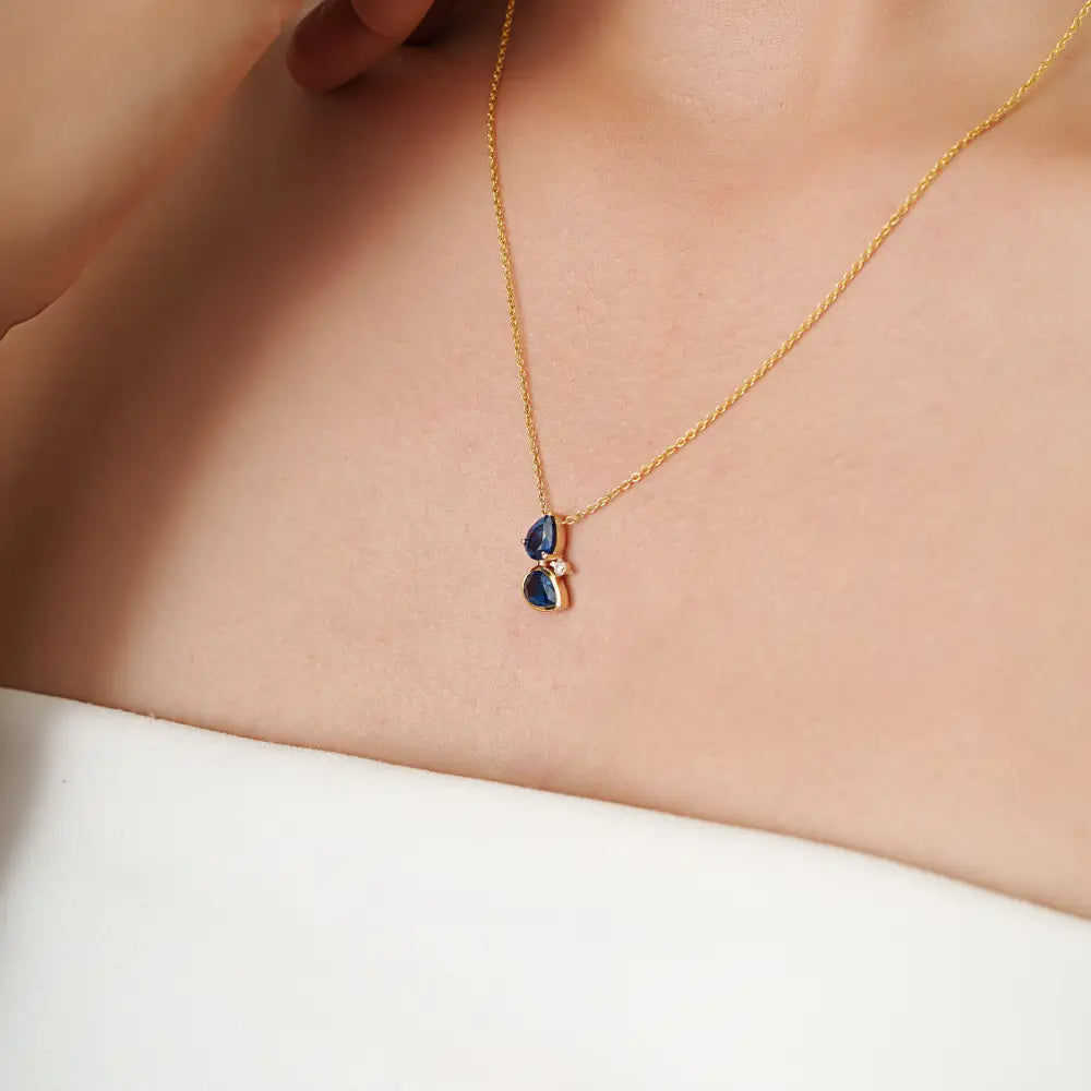 Solid 14K Yellow Gold Blue Sapphire & Diamond Minimal Stackable Pendant Necklace Women