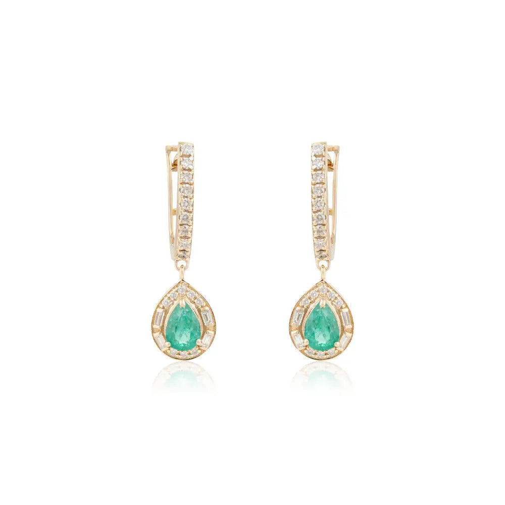 Elegant Emerald & Diamond K14 Real Yellow Gold Halo Hoop Drop Earrings Women Jewelry