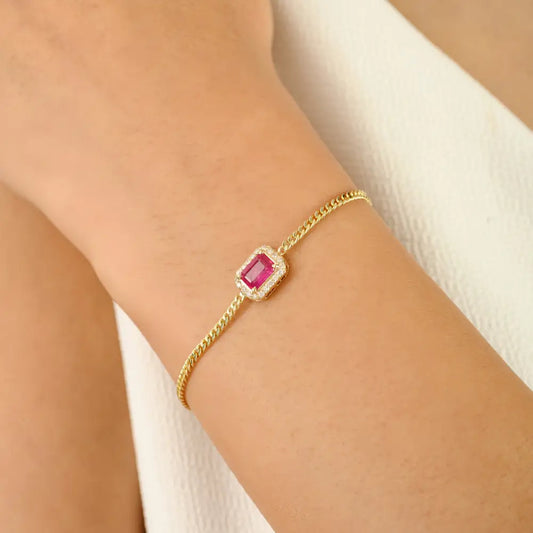 Octagon Cut Ruby & Diamond Curb Link Chain Halo Bracelet 14K Solid Yellow Gold Jewelry