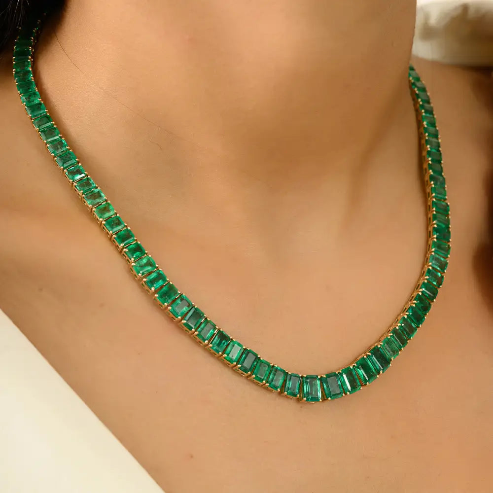 Statement Jewelry Real Emerald Tennis Necklace For Bridal K14 Yellow Gold May Birthstone