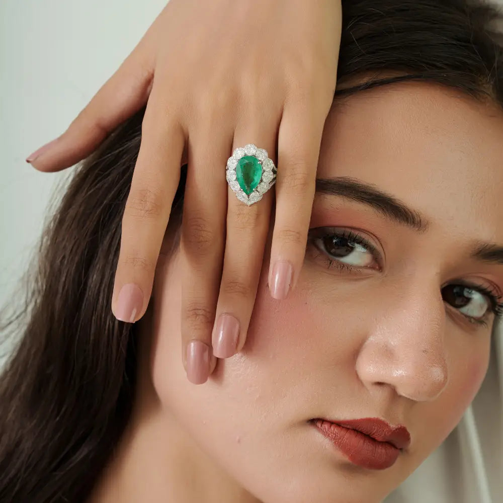 Luxurious 18K White Gold 5 Ct. Zambian Emerald & Diamond Triple Shank Cluster Ring Wedding