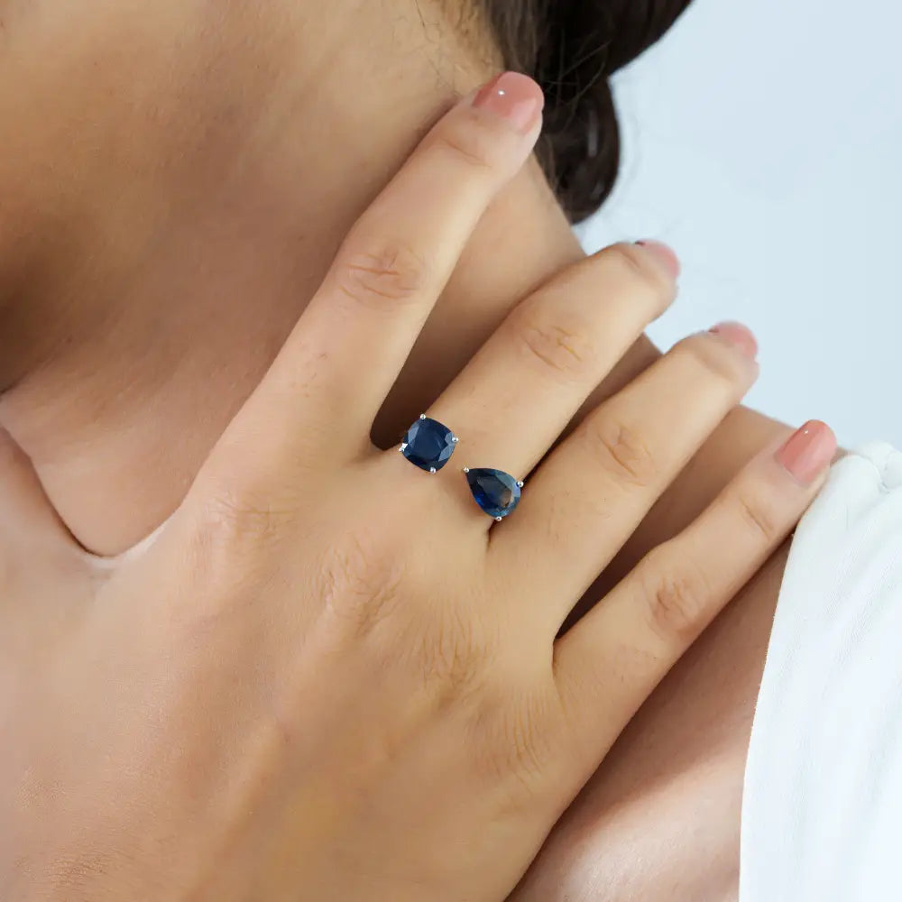 Best Quality Prong Set Blue Sapphire Gemstone Open Ring 18K Pure White Gold Bulk Jewelry