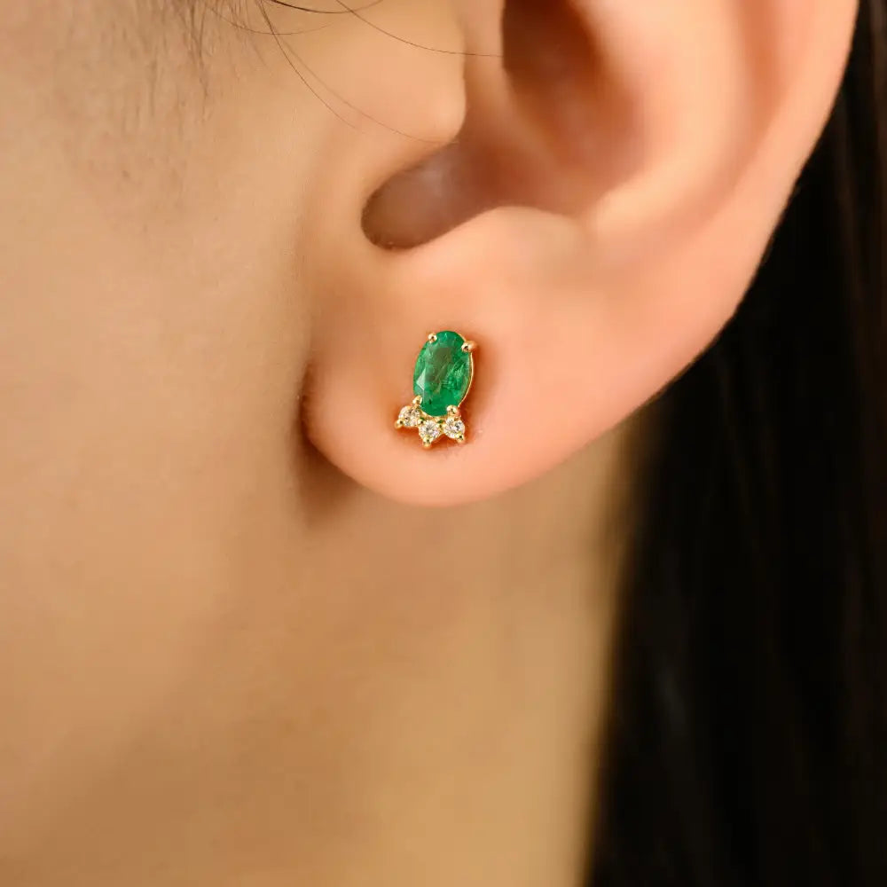 Minimalist Oval Emerald & Round Diamond 14K Yellow Gold Small Stud Earrings Daily Wear Jewelry