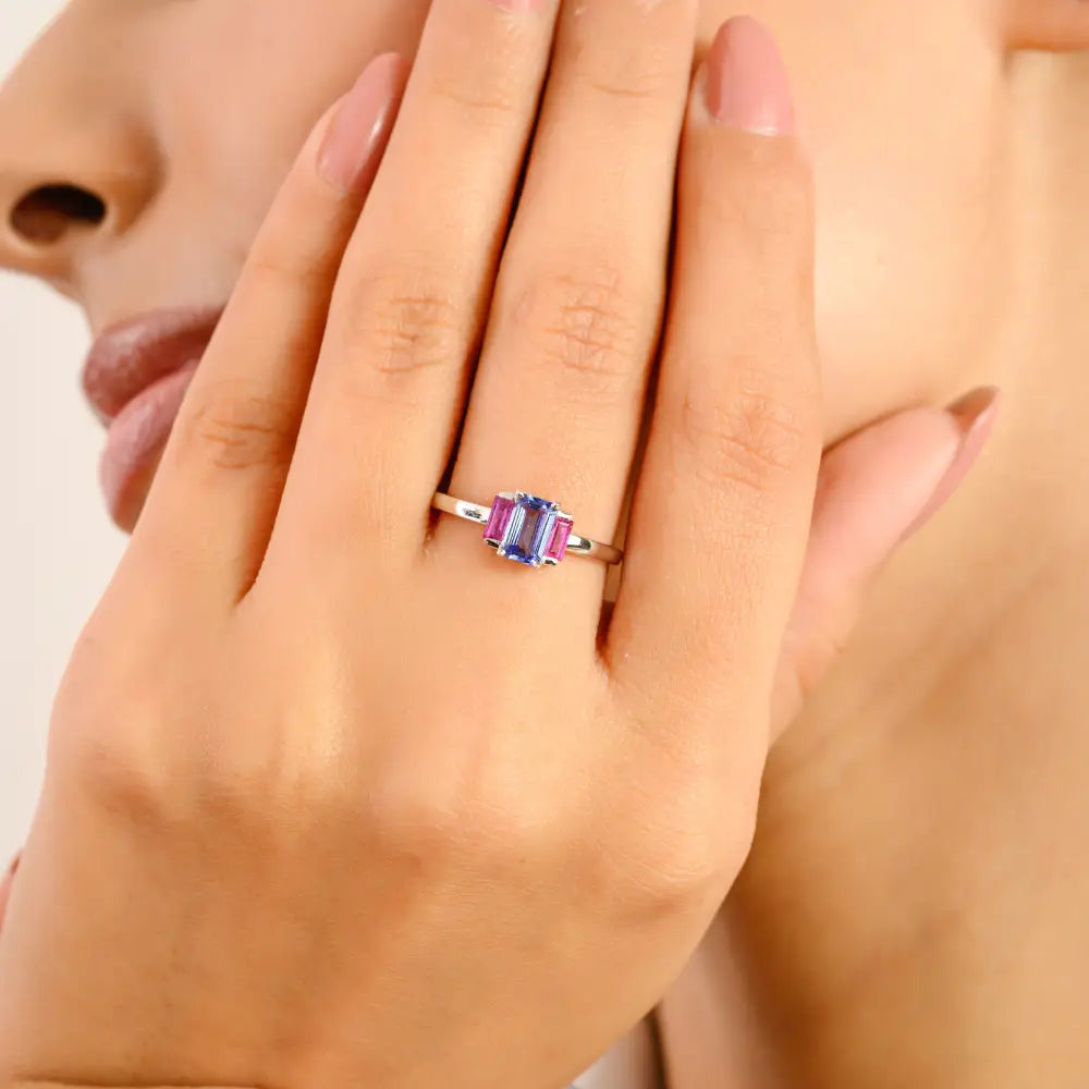 Natural Birthstone Tanzanite & Ruby Real K14 White Gold Three Stone Ring Custom Jewelry