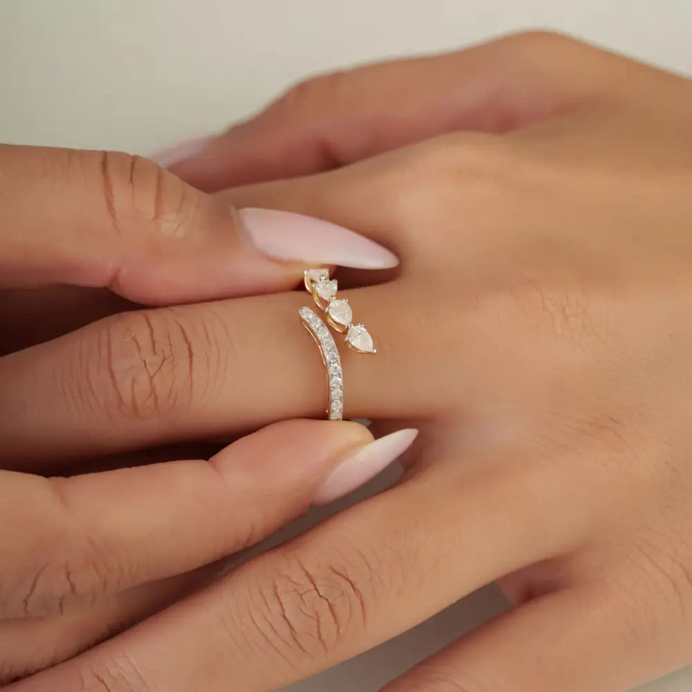Minimal Unique Design Real Diamond Stacking Bypass Ring Custom 14K Yellow Gold Jewelry