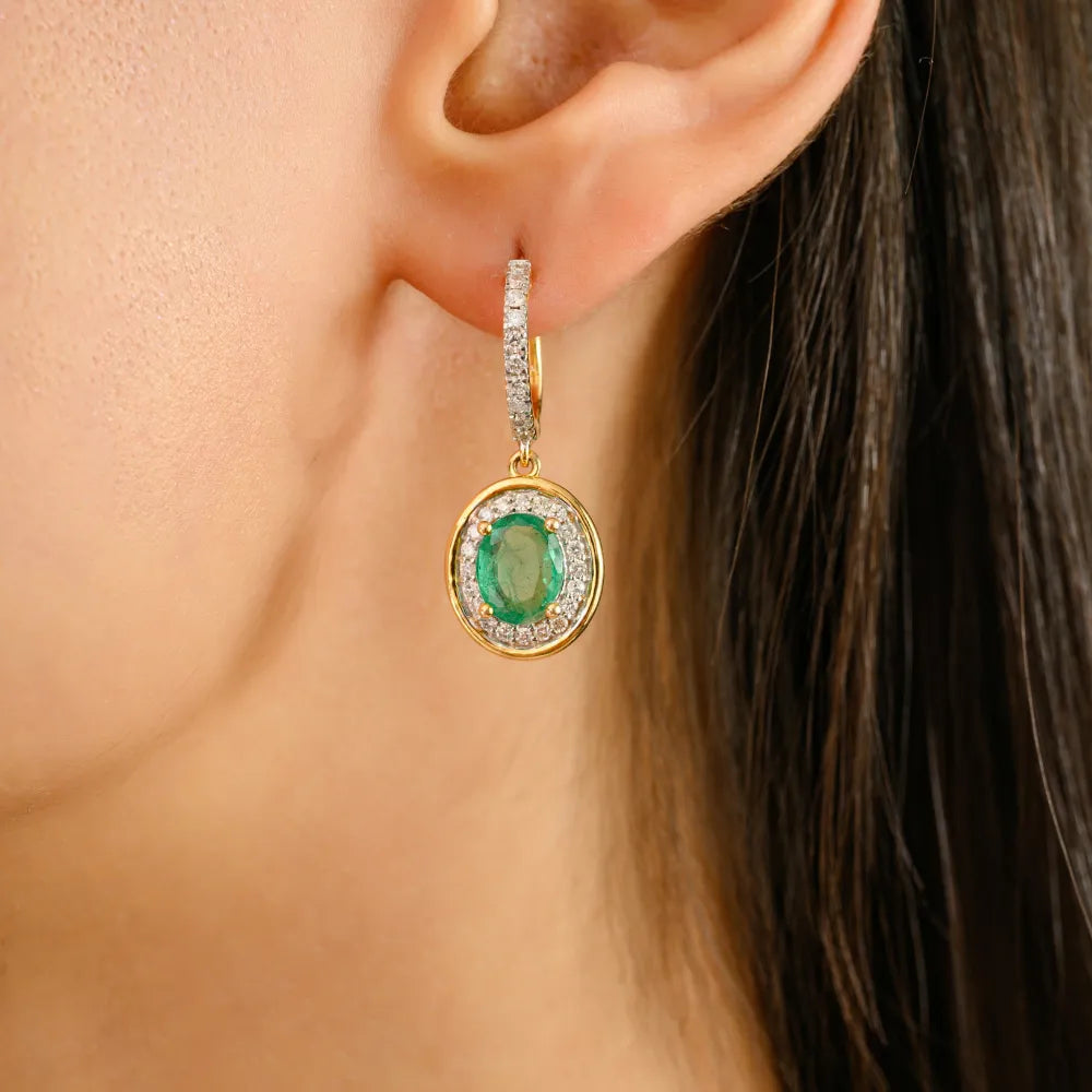 High Quality 14K Yellow Gold Emerald & Diamond Drop Earrings Customized Jewelry