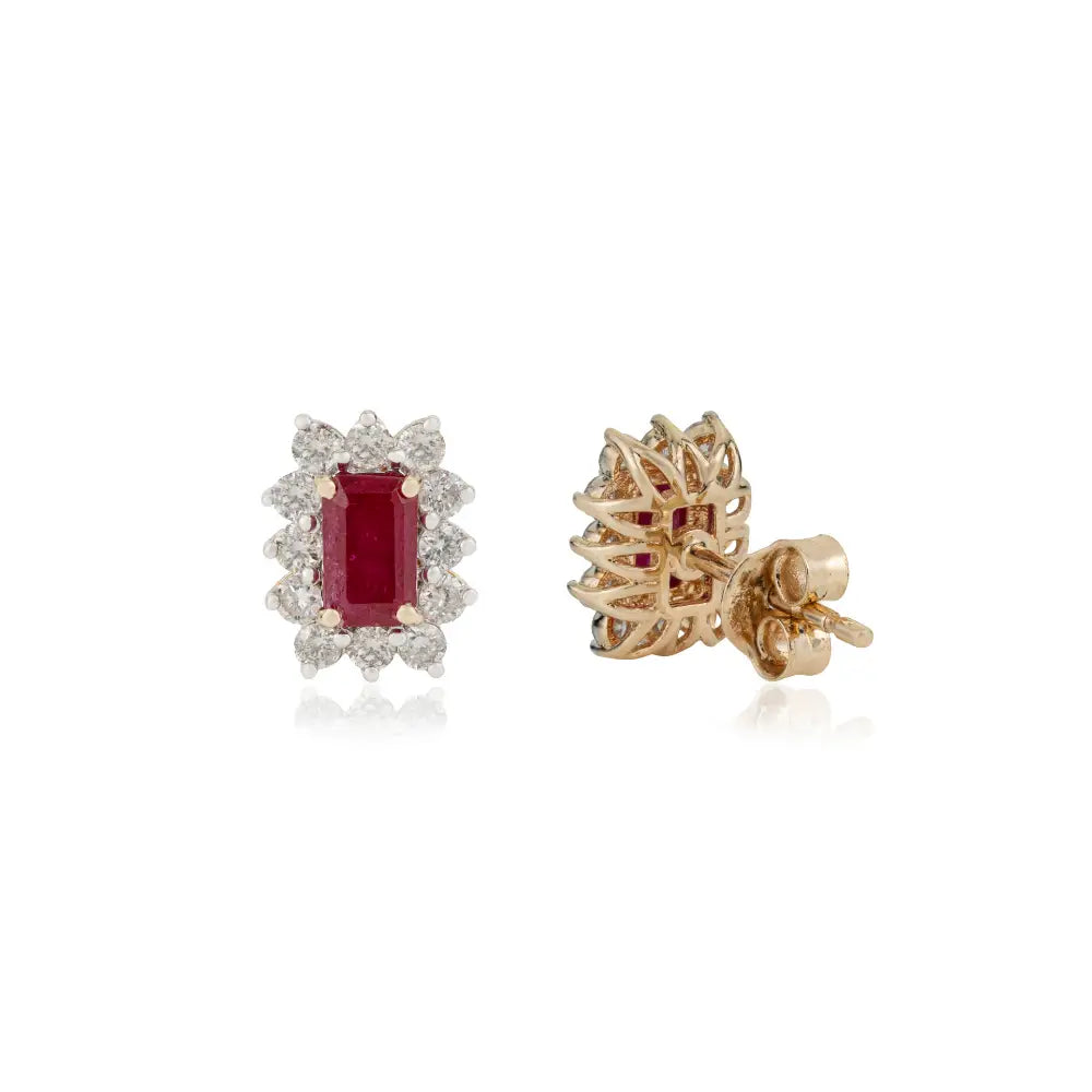 July Birthstone Ruby & Diamond Fine 14K Yellow Gold Small Cluster Stud Earrings Gift For Her