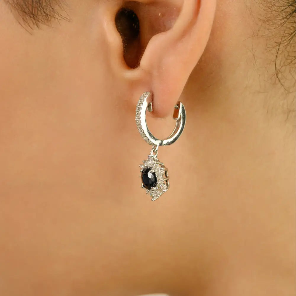 Unique Design Blue Sapphire & Diamond 14K Solid Gold Cluster Charm Hoop Drop Earrings