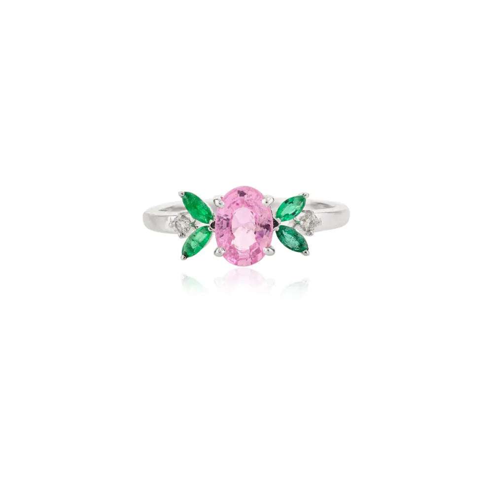 Emerald, Pink Sapphire & Diamond 14K Solid White Gold Ring Birthstone Jewelry