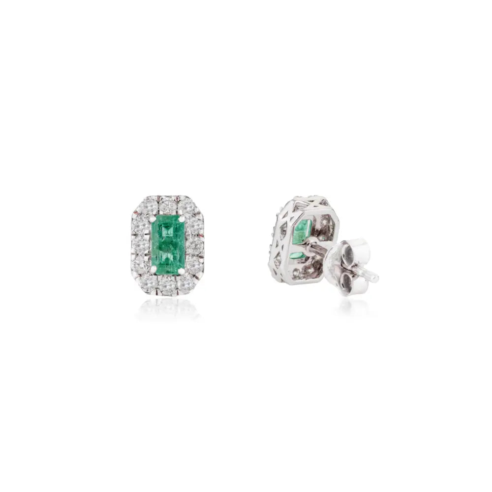 Dainty Small Emerald & Diamond Halo Stud Earrings Handmade 14K Pure White Gold Jewelry