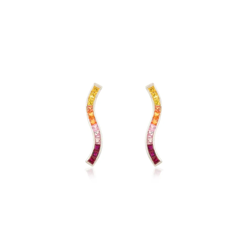 Latest Design Multi Sapphire & Ruby Wave Shape Dangle Earrings Real 14K White Gold