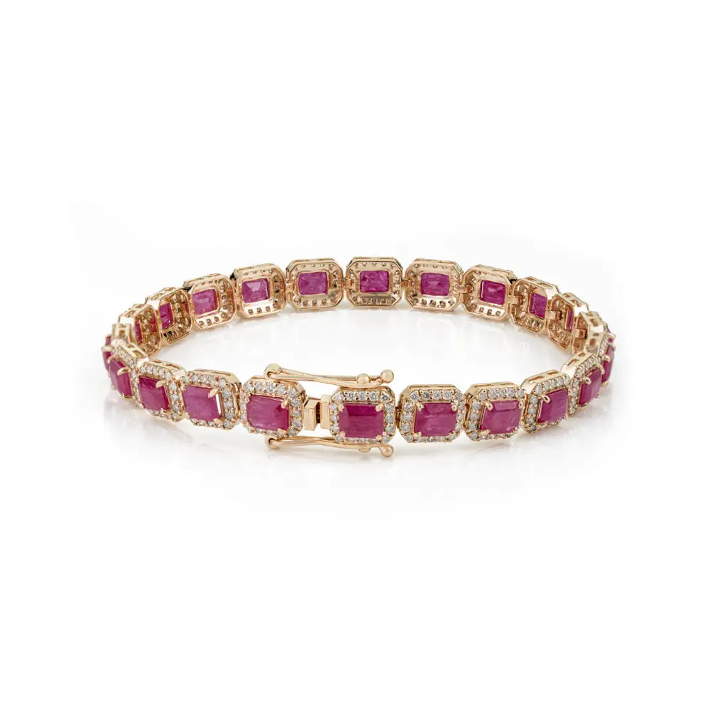 Luxurious Ruby & Diamond Halo Statement Tennis Bracelet 14K Yellow Gold Wedding Jewelry