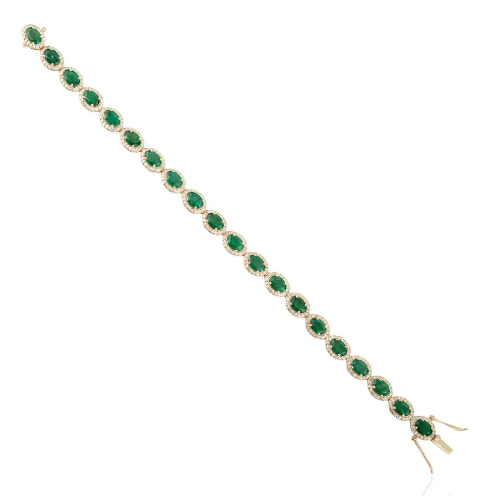 Luxurious Emerald & Diamond 18K Real Yellow Gold Halo Tennis Bracelet Trending Jewelry