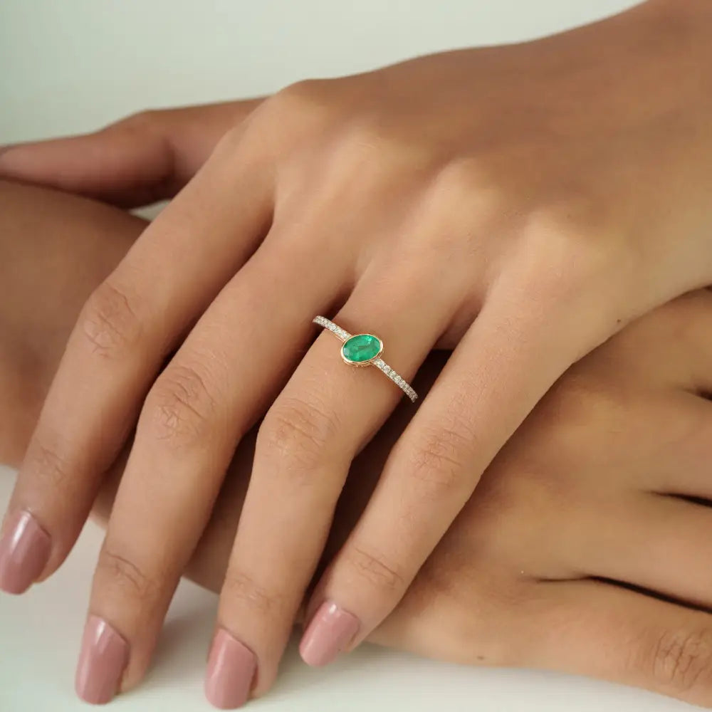 Simple Elegant 14K Real Yellow Gold Emerald & Diamond Stacking Engagement Ring For Unisex