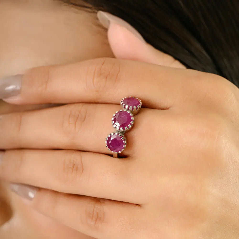 Precious Gemstone Round Cut Ruby Three Stone Ring Fine Pure K14 Gold Gift For Women Jewelry