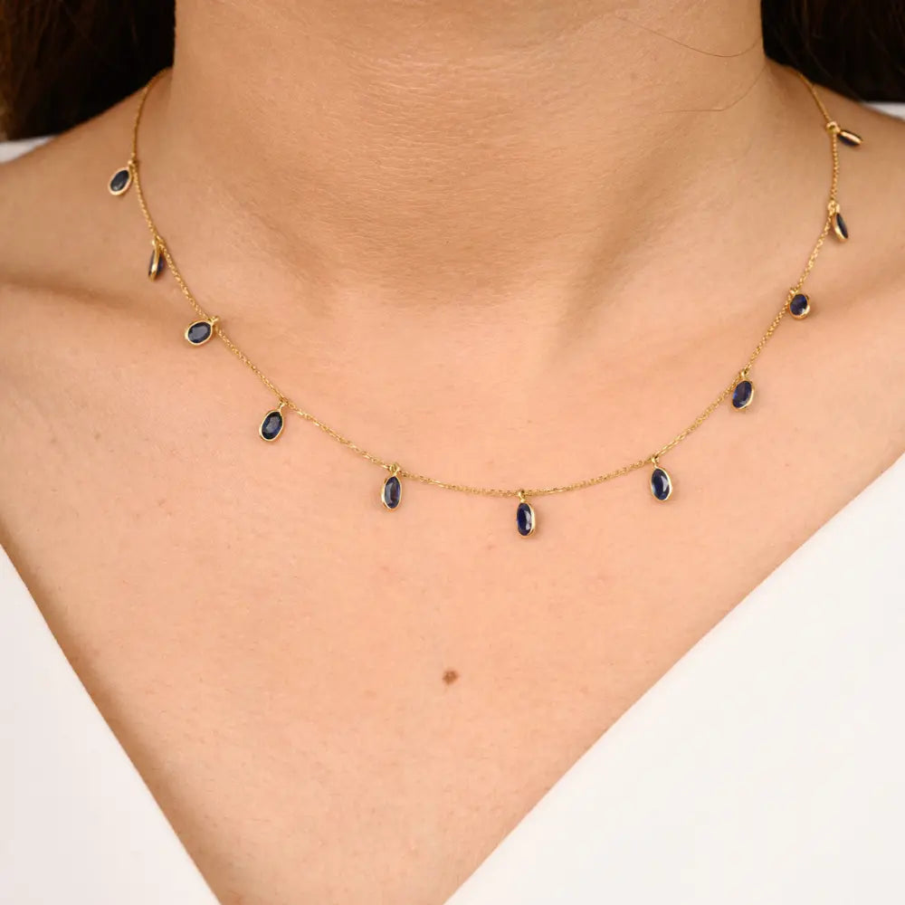 Real Gemstone Jewelry 18K Yellow Gold Blue Sapphire Long Chain Necklace