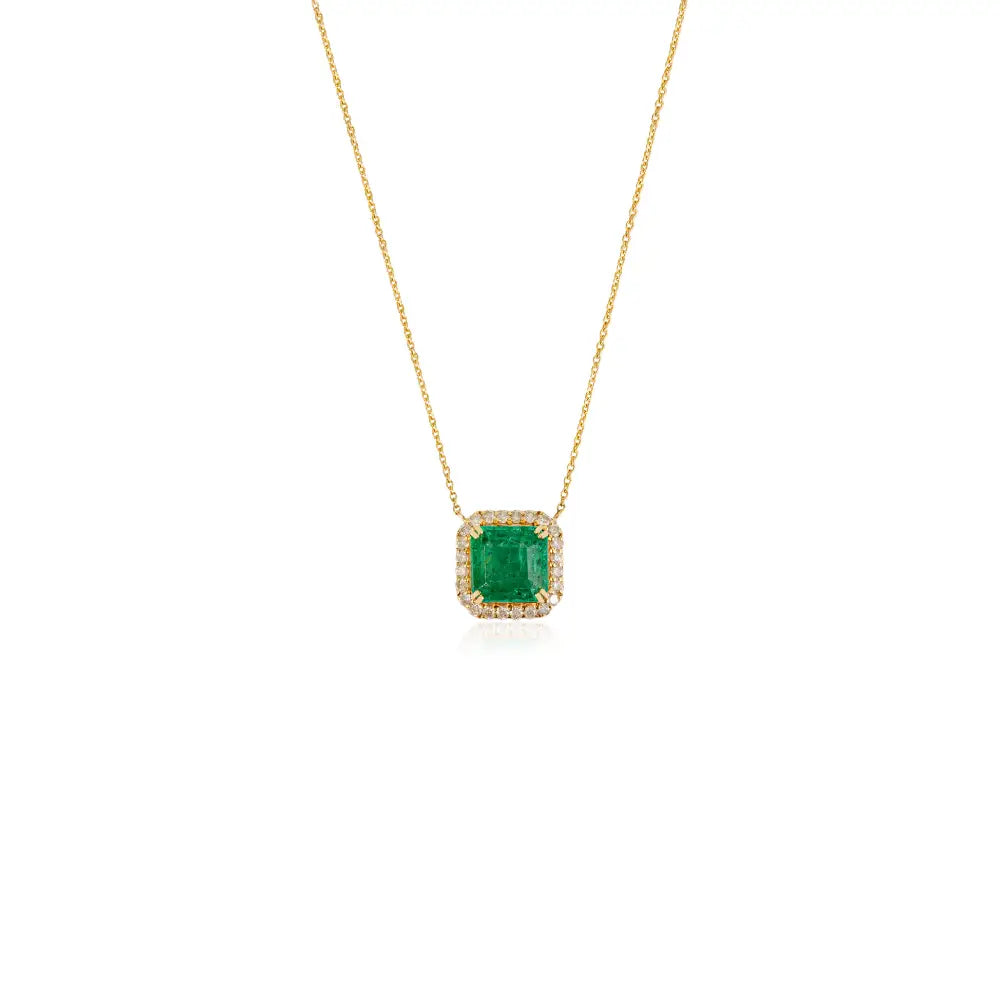 Prong Set Zambian Emerald & Diamond Fine Stacking Halo Pendant Necklace 14K Yellow Gold
