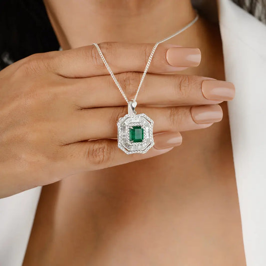 K18 White Gold Natural Zambian Emerald & Diamond Halo Statement Pendant Bold Sparkle Jewelry