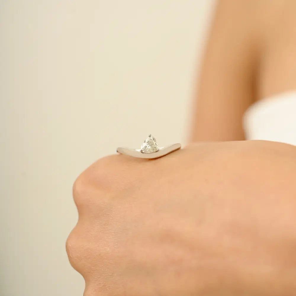 Heart Shape Natural Diamond 14K White Gold Wave Shape Curve Solitaire Ring Designer Jewelry