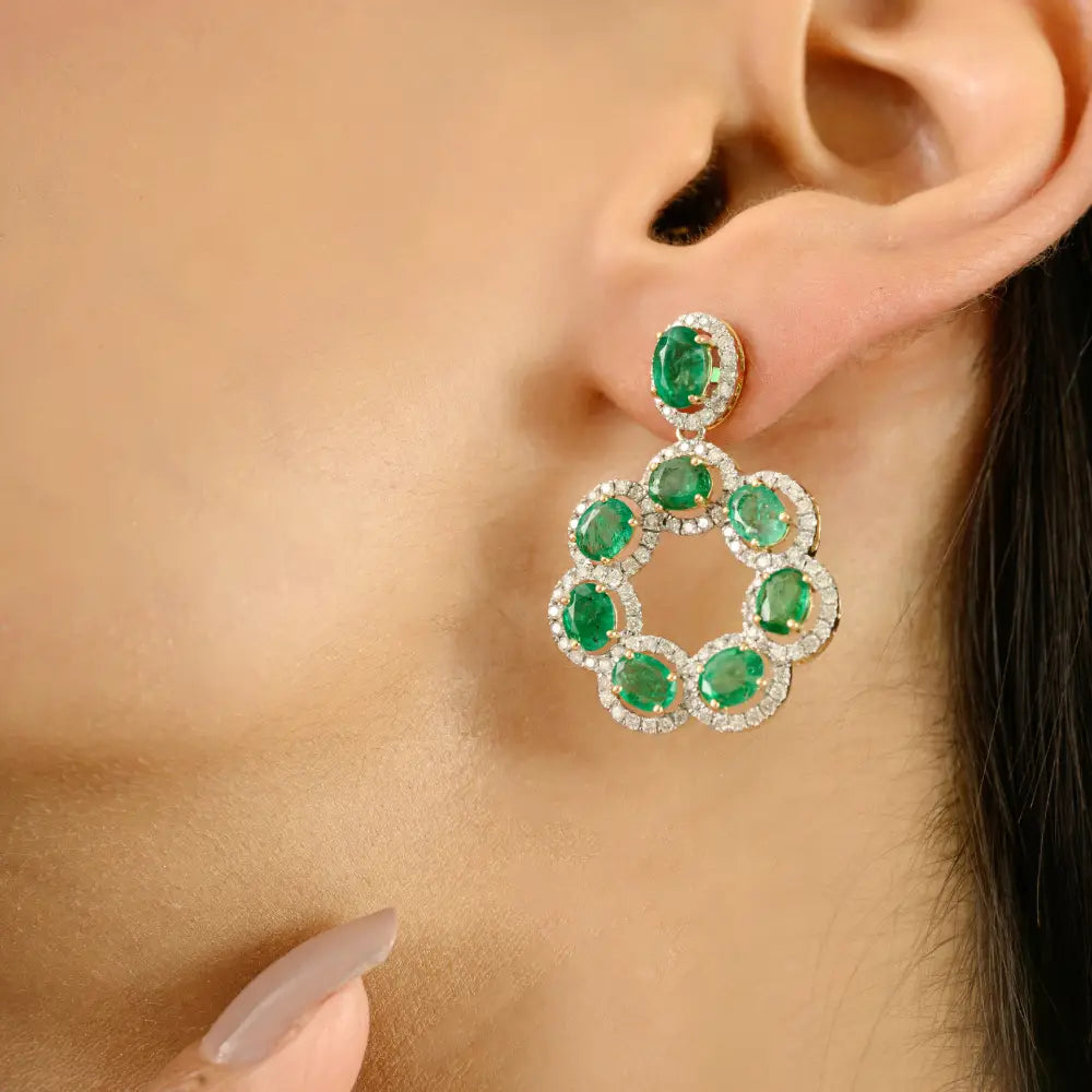 Floral Inspired Zambian Emerald & Diamond Statement Drop Earrings 18K Yellow Gold Fine Jewelry