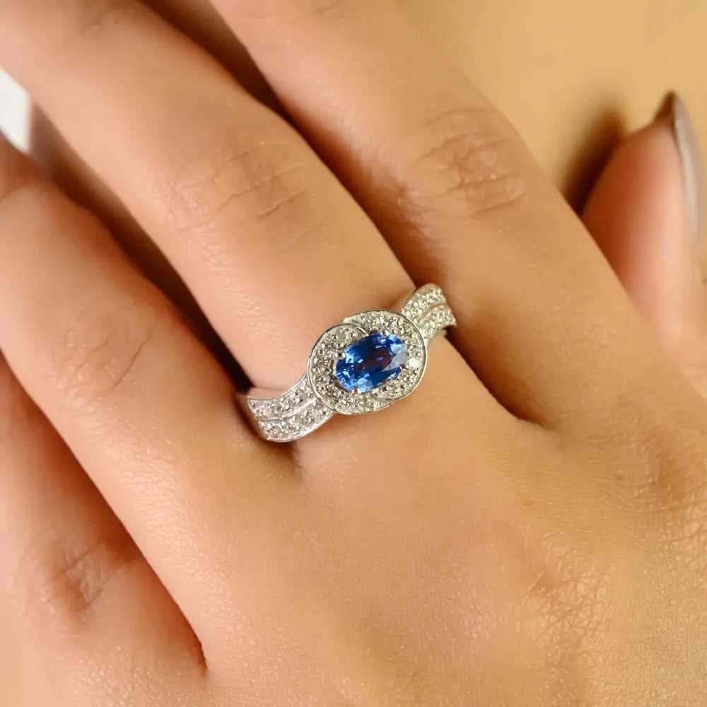Oval Blue Sapphire & Diamond Double Layer Statement Ring K14 White Gold Fine Jewelry
