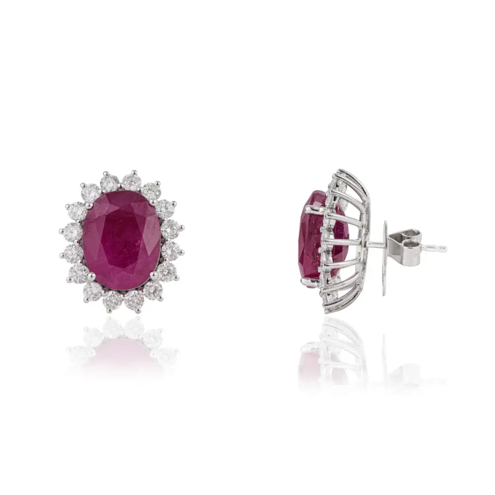 18.91ct. Ruby & Diamond Statement Cluster Stud Earrings Solid 14K White Gold Custom Jewelry