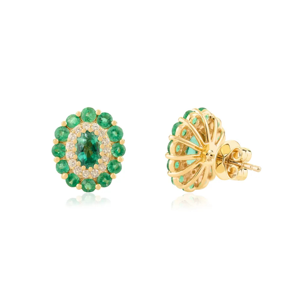 Hot Selling Real K14 Yellow Gold Emerald & Diamond Halo Stud Earrings Custom Gemstone Jewelry