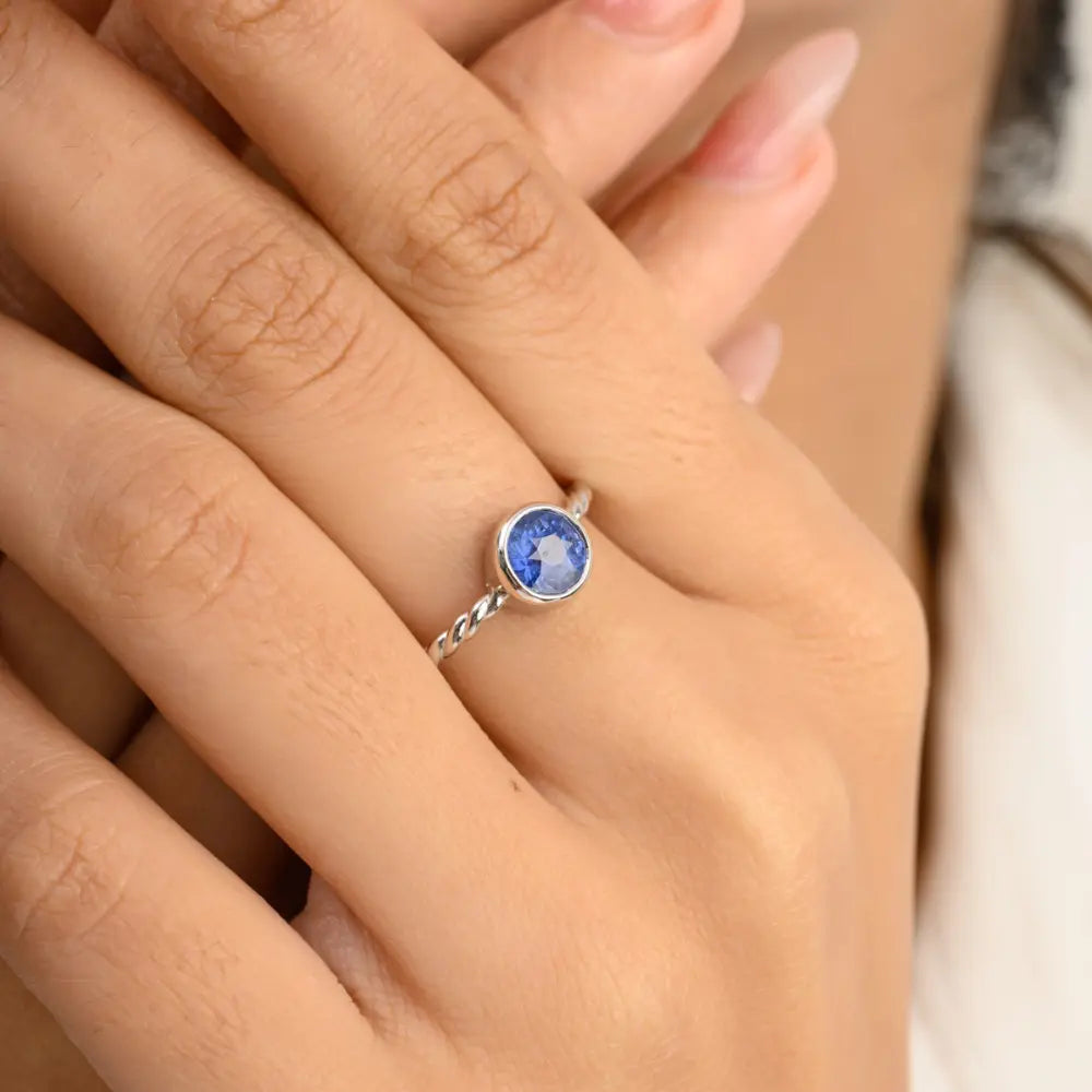 Handcrafted Jewelry Round Blue Sapphire 14K Solid White Gold Single Stone Ring