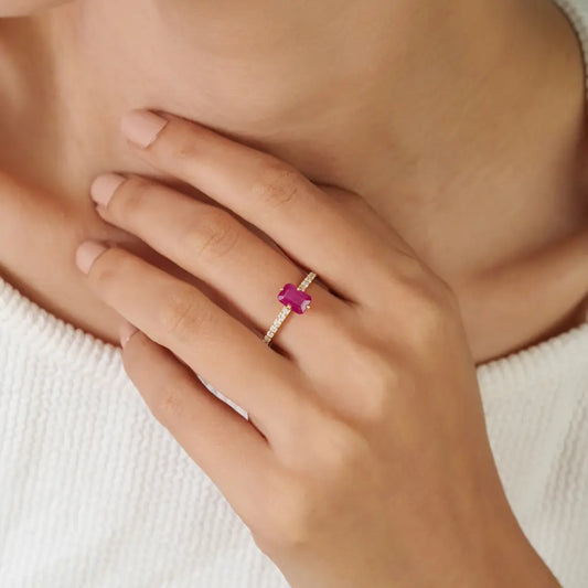 14K Solid Yellow Gold Prong Set Ruby & Diamond Engagement Finger Ring Anniversary Gift
