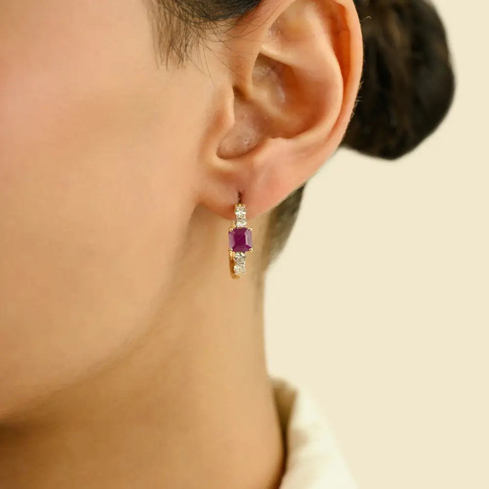 K14 Solid Yellow Gold Trending Ruby & Diamond Hoop Earrings For Women Girl Gifting Jewelry