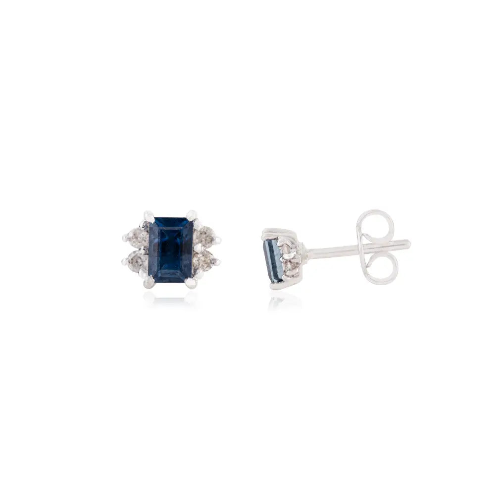 Delicate Blue Sapphire & Diamond 14K White Gold Minimal Stud Earrings Graduation Gift