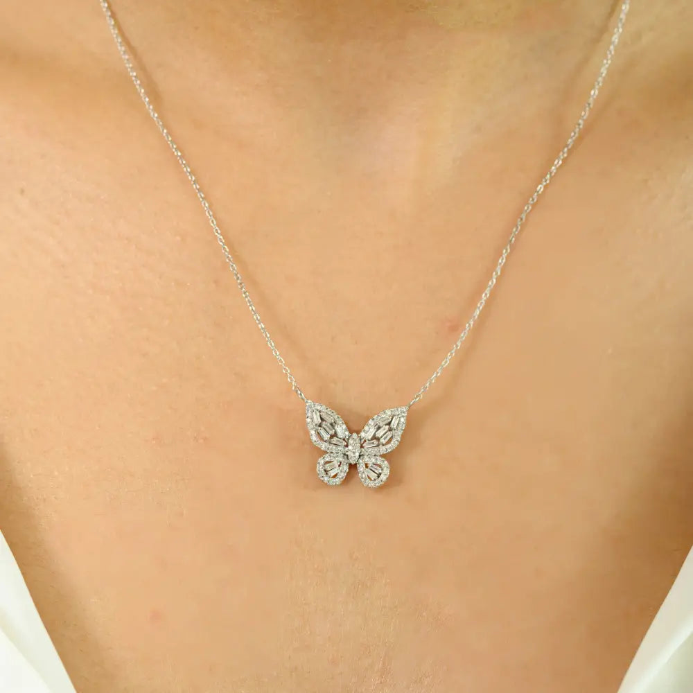 Natural Diamond Real 14K White Gold Butterfly Pendant Necklace Wedding Statement Jewelry